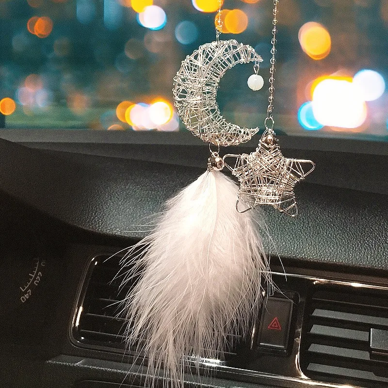 Car Hang Ornaments Stars Moon Wind Chimes Feather Car Rearview Mirror Pendant Styling Decoration Auto Interior Accessories