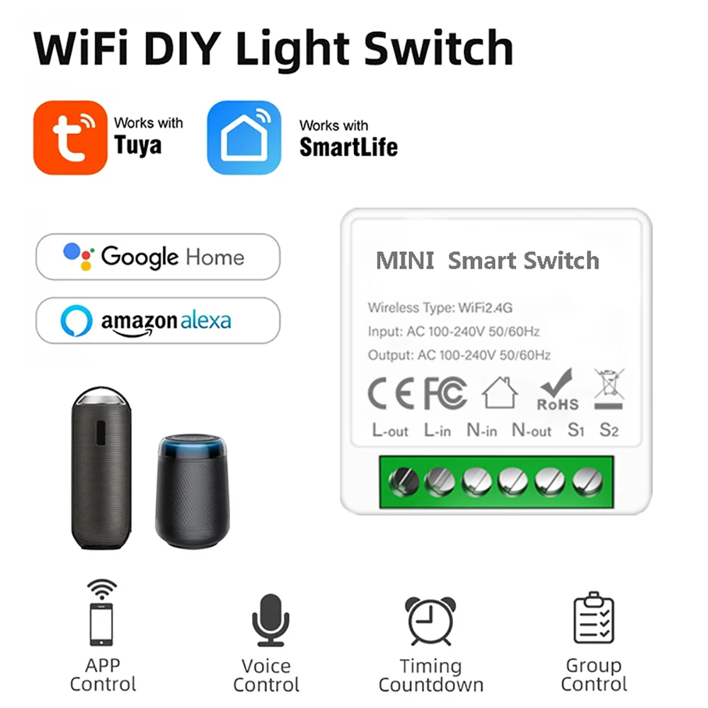 16A works with Tuya app WiFi Smart Switch Module 2-way Control Mini Switch Breaker Smart Life Work With Alexa Google Alice