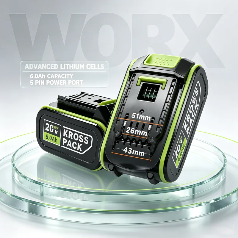 Original 20V 6.0Ah High Capacity Li-ion Battery,Replacement for WORX Large Pin WA3054 WA3027 Cordless Power Tools