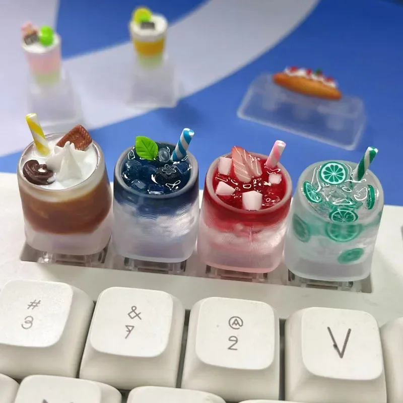 Creative and Personalized Transparent Pearl Milk Tea Keycaps Resin Gifts Customized Beverage Lemon Tea Mechanical Keycaps