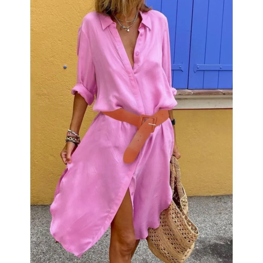 Robe ample décontractée pour femmes, nouvelle collection printemps-automne, à la mode, élégante, couleur unie, revers avec boutons, chemise, 2025