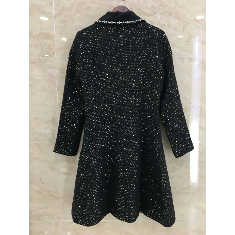 High-quality Sequined Small Fragrance Beaded Lapel Dress Women Elegant Chic Long Sleeve Office French Lady Tweed Dress One Piece