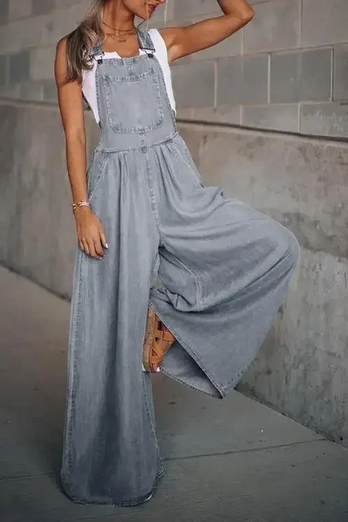 Pocket Design Wide Leg Suspender Denim Jumpsuit for Women Overall Cowboy BibSquare Neck Daily Regular Fit Sleeveless Summer Fall