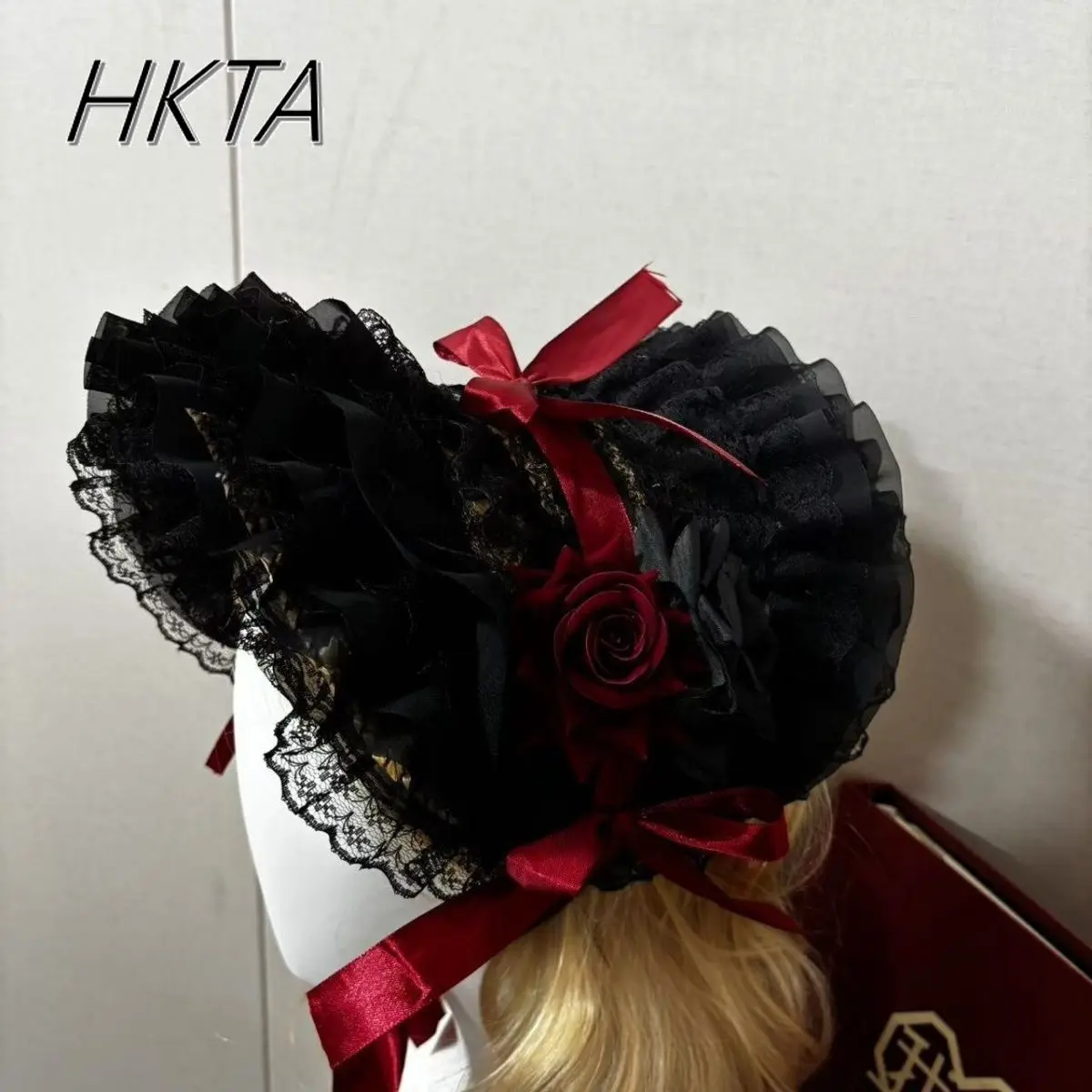 French Style Vintage Lace Adult Lolita Flat Hats Female Fashion Elegant Bow Flowers Cosplay Black and Red Hat Accessories Women