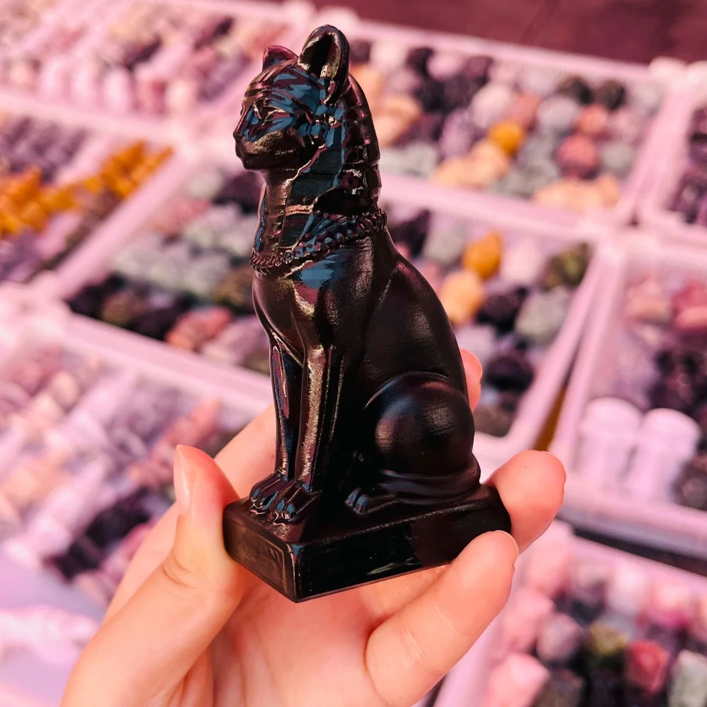 Natural Black Obsidian Bastet Cat Goddess Carving Crystal Figurine Healing Stone Desktop Altar Ornament Home Decoration