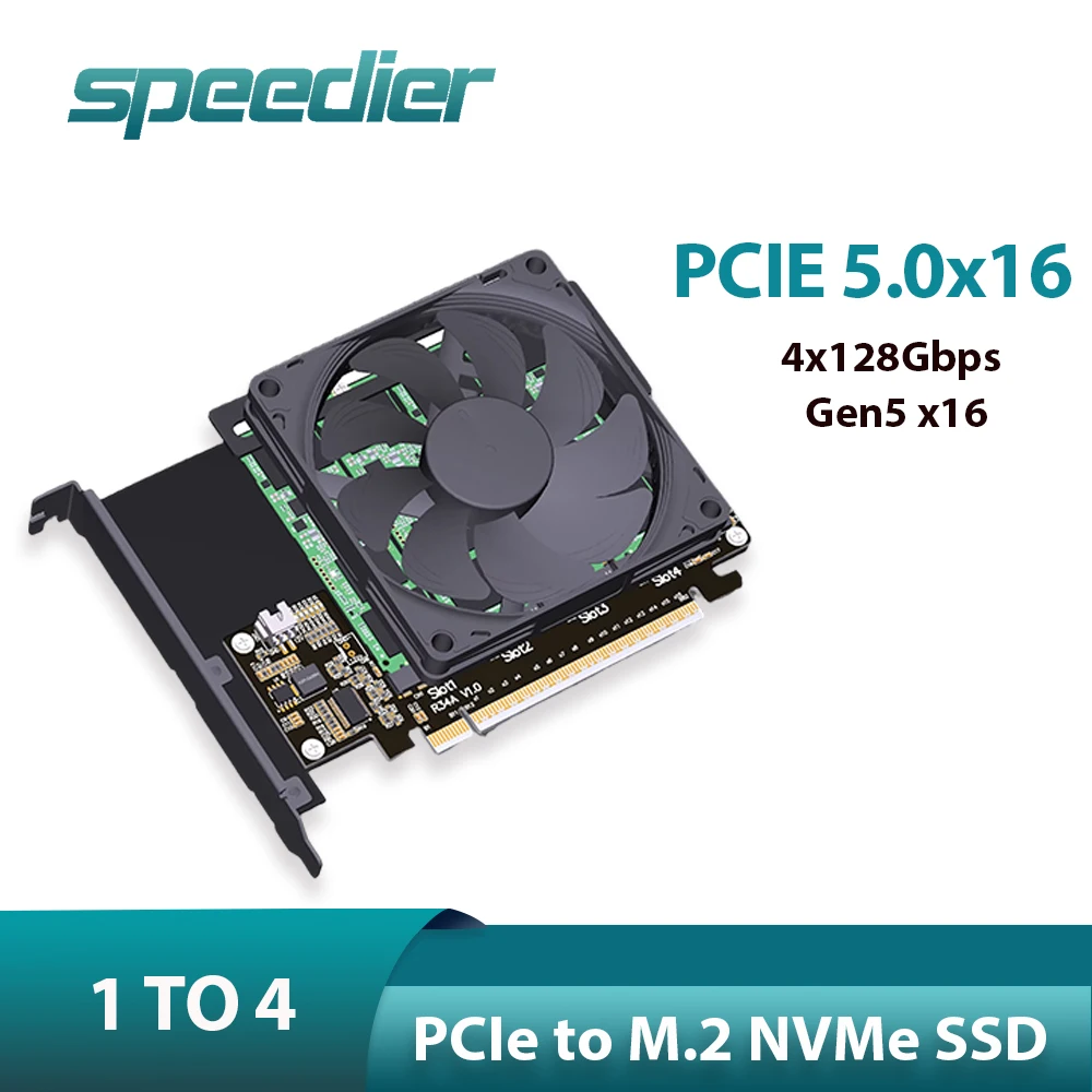 

PCIE 5.0 X16 To 4 Ports M.2 NVMe Expansion Card 1 To 4 Fan Kit Solid State Drive SSD Gen5 4x 128Gbps 4-Disks Split Adapter R34A