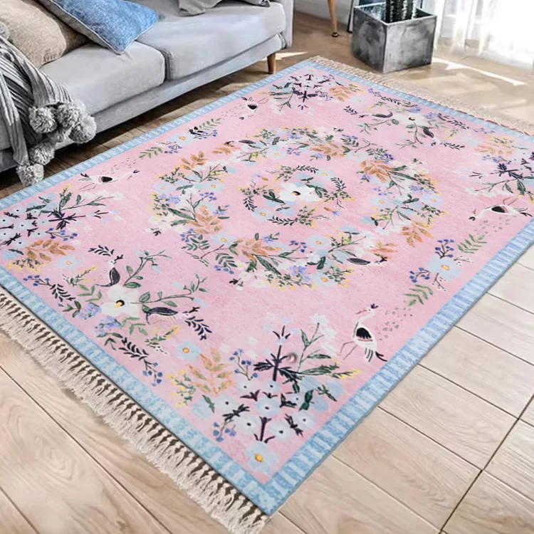 Carpet for Living Room Advanced Art Floral Pattern Non-slip Coffee Table Tassel Rug Machine Washable Folding Bedroom Mat 거실 카펫