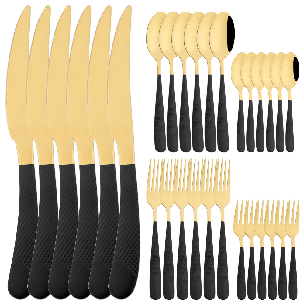 

20/30Pcs Black Gold Dinnerware Set Steak Knife Cake Fork Coffee Spoon Cutlery Set Stainless Steel Flatware Kitchen Tableware Set