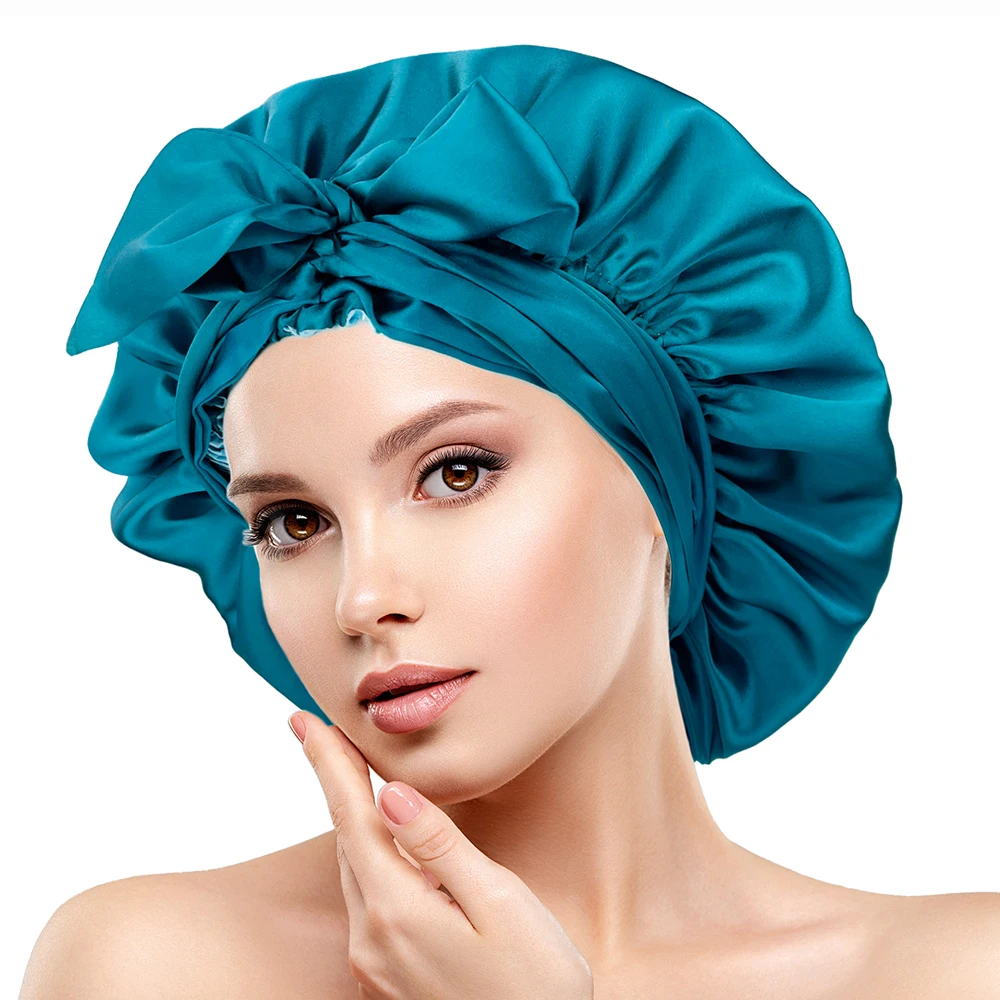 Double Layer Satin Bonnet Women Silky Sleeping Hat with Long Ribbon Wrap Headwrap Large Size Solid Bonnet for Curly Hair Wraps