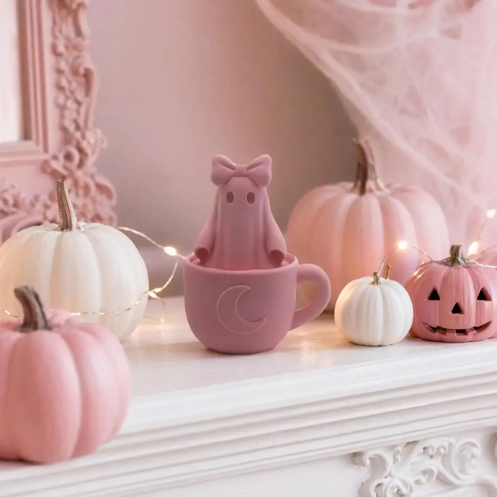3D Printed Cup Ghost Figurine, Pink Bow Ghost in A Teacup Statue, Spooky Halloween Ghost Decoration for Home Office Parties