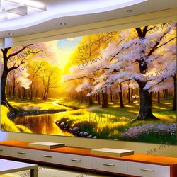 5D fai da te grande pittura diamante croce alberi foresta di Sakura con arte della parete del paesaggio del fiume, trapano rotondo completo, ricamo decorazioni per la casa