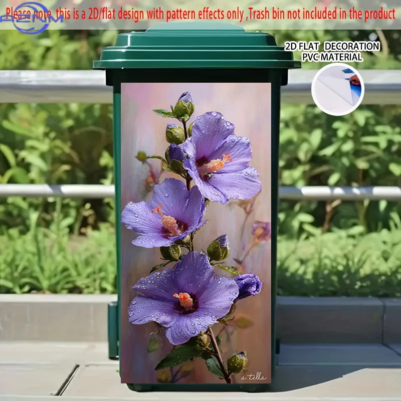 [2D Flat Printing] 1pc 2D Pattern Printing Kitchen Trash Can Sticker  Purple Flower with Dew Charming Posture Theme Kitchen Ho