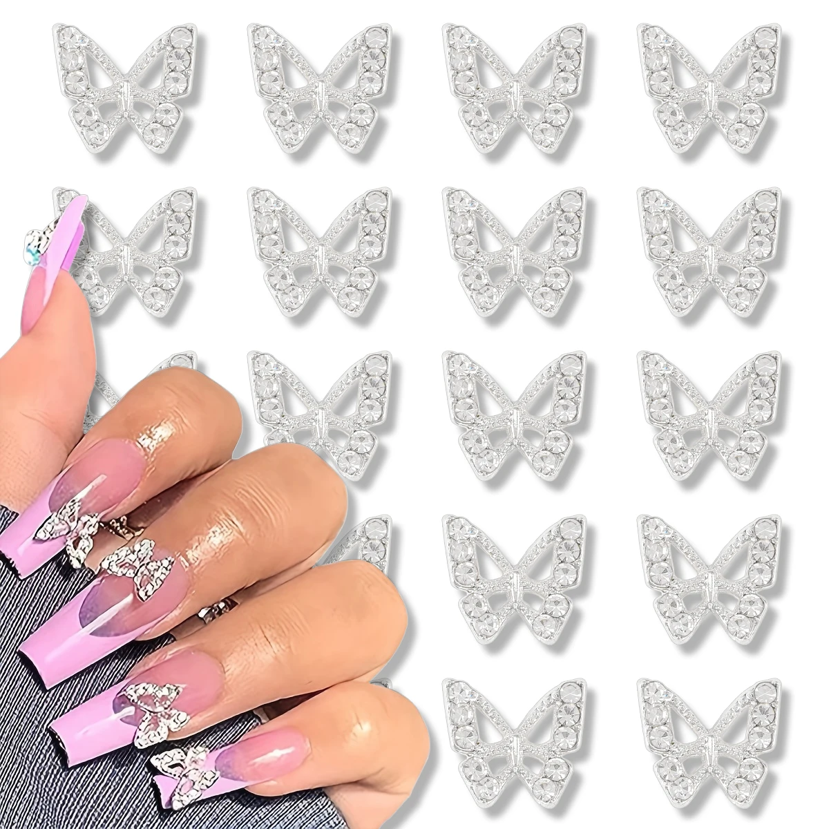 10 pcs/ bag Silver alloy butterfly nail rhinestone patch stereo hollow butterfly nail metal diamond, rhinestone nail accessories