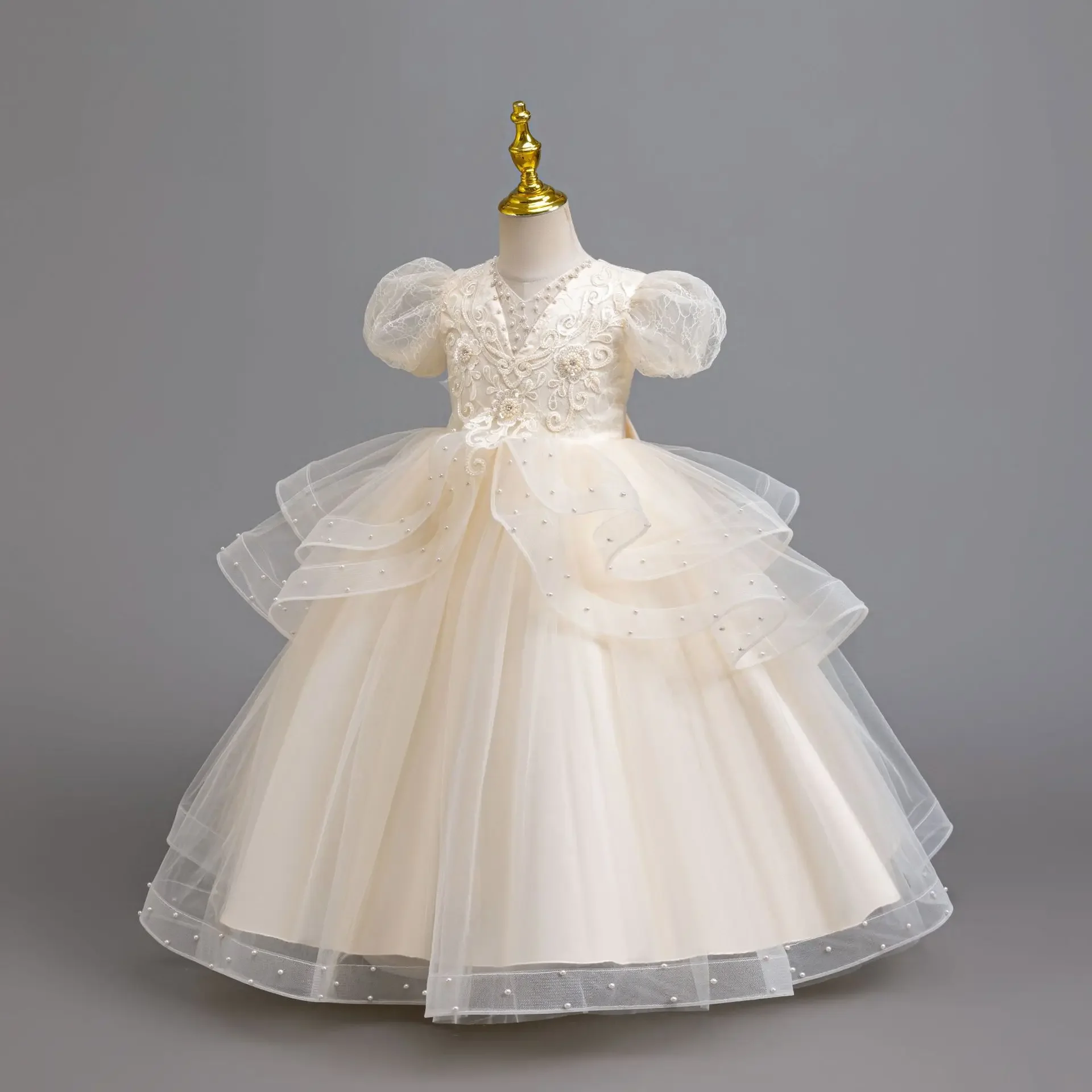 Beading Flower Girl Dresses Appliques Mesh Litter Kids Pageant Ball Gown for Birthday Evening Holiday Party