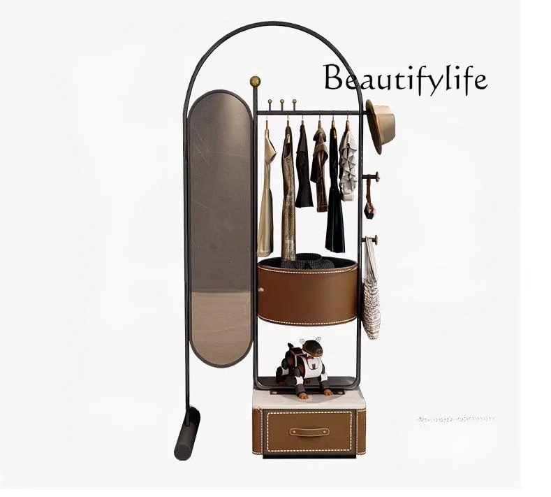 Italian Minimalist Coat Rack with Mirror Bedroom Saddle Leather Storage Floor Hanger