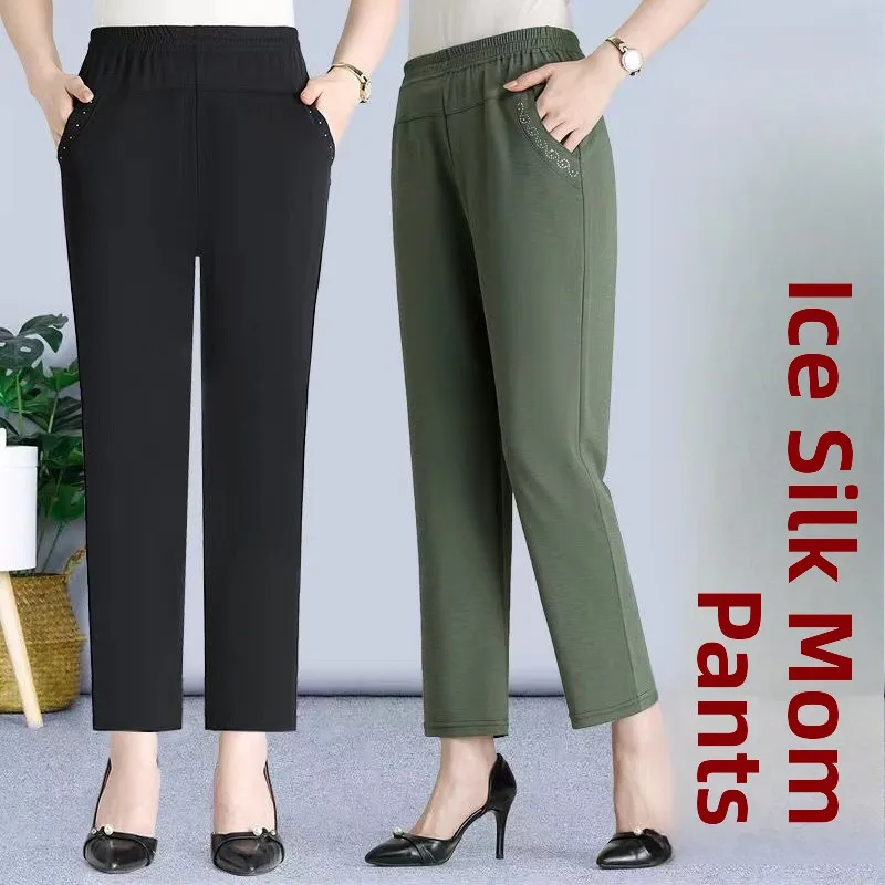 سراويل غير رسمية مرنة عالية الخصر رفيعة للربيع والصيف للنساء في منتصف العمر وكبار السن سراويل مريحة فضفاضة مستقيمة الساق