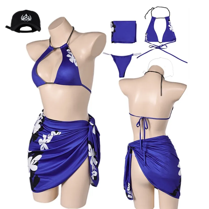 

Reina Cosplay Tekken Disguise Costume Adult Women Swimwear Bikini Top Shorts Swimsuit Hat Outfits Halloween Carnival Party Suit