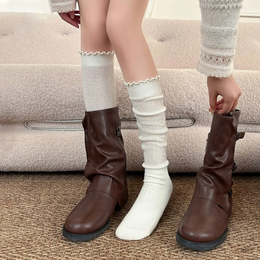 1Pair Cotton Knee-high Socks Solid Color Ruffled Edge Long Tight Socks Odor-resistant Sweat-absorbent Boot Socks Fall Winter