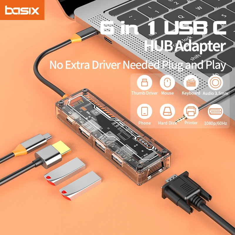 usb c hub Type-C to HD-MI USB3.0 USB2.0 VGA USB-C PD3.0 Data2.0 3.5mm Audio 6in1 for Macbook Pro air usb c docking station