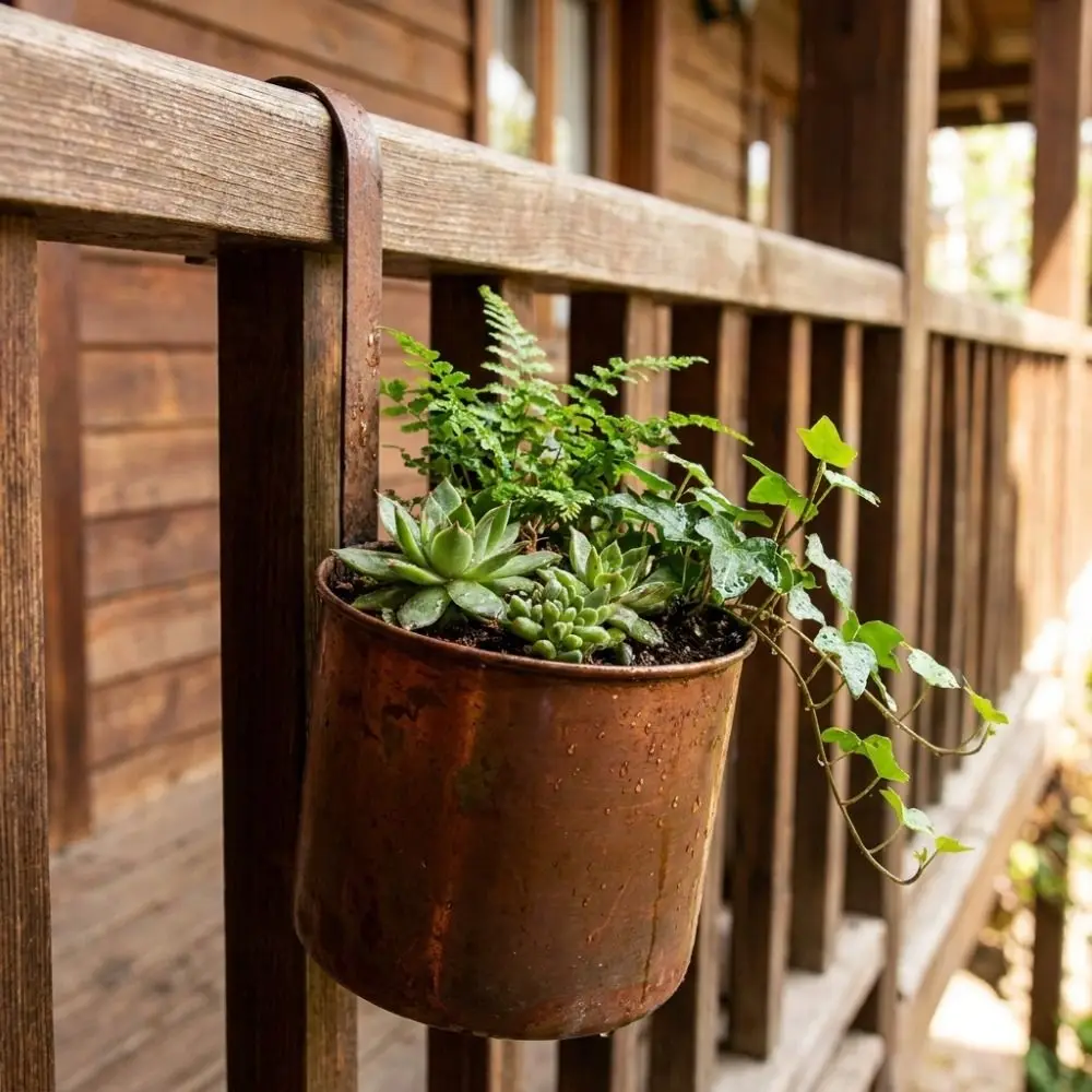 Handcrafted Wall Hanging Flower Bucket Antique Styles Rusted Iron Hanging Flowerpot Weather-Resistant Rust-Proof