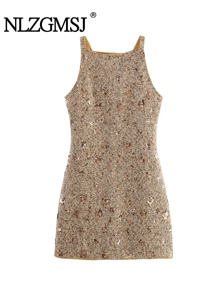 NLZGMSJ Damen Pailletten Sexy Club Chic Kleid Ärmelloses Reißverschluss Minikleid Neue Mode Weibliches Kleid