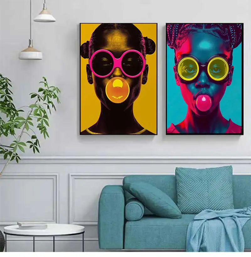 Fashion Black African Girl Blowing Pink Blue Bubble Gum Posters and Prints Wall Art Picture Modern Home Office Decor