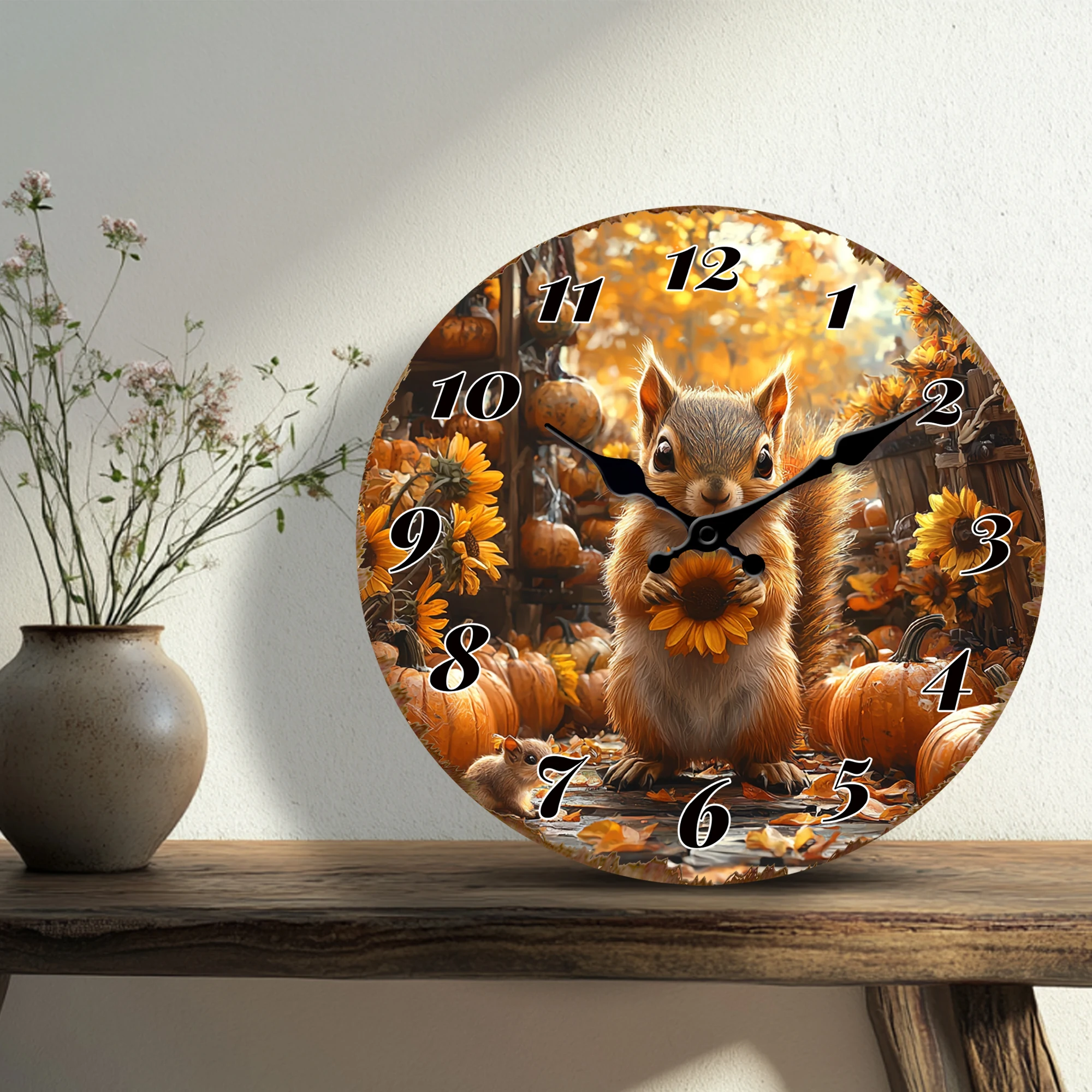 Adorable Squirrel with Sunflower Autumn Theme Wall Clock, Cute Animal Design Decorative Hanging Clock, Warm Color Scheme for Hom