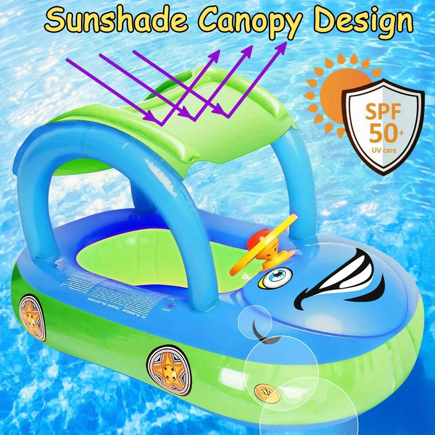 Sunshade Car Boat, Sunscreen Seat, Baby Swimming Ring with Sunshade, Car Tappet with Horn, Yacht copy