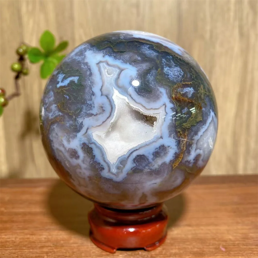 Unique Moss Agate Druzy Sphere Quartz Crystal Geode Healing Meditation Feng Shui Reiki Home Decoration Lucky Gifts+Stand