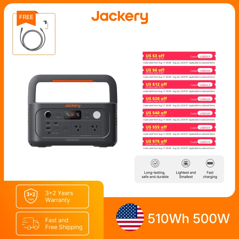 Jackery Portable Power Station Explorer 500 v2 New with 5m Extension Cord