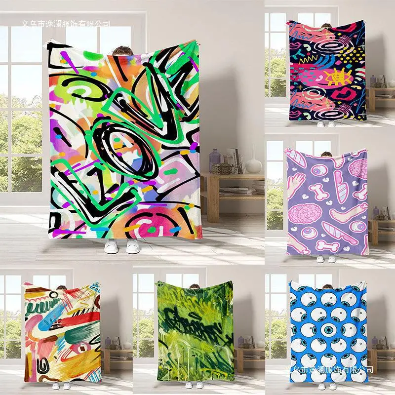 Creative geometric graffiti digital-printed polyester Bedroom velvet flannel cover blanket Fleece soft cover blankets for beds
