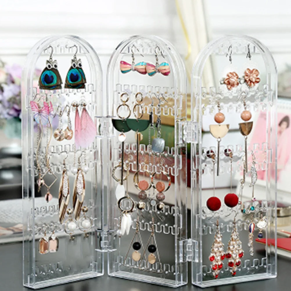

Earring Holder Folding Plastic Stand Three Parts Transparent Jewelry Display Organizer for Home Business Use Earring Rack Stand