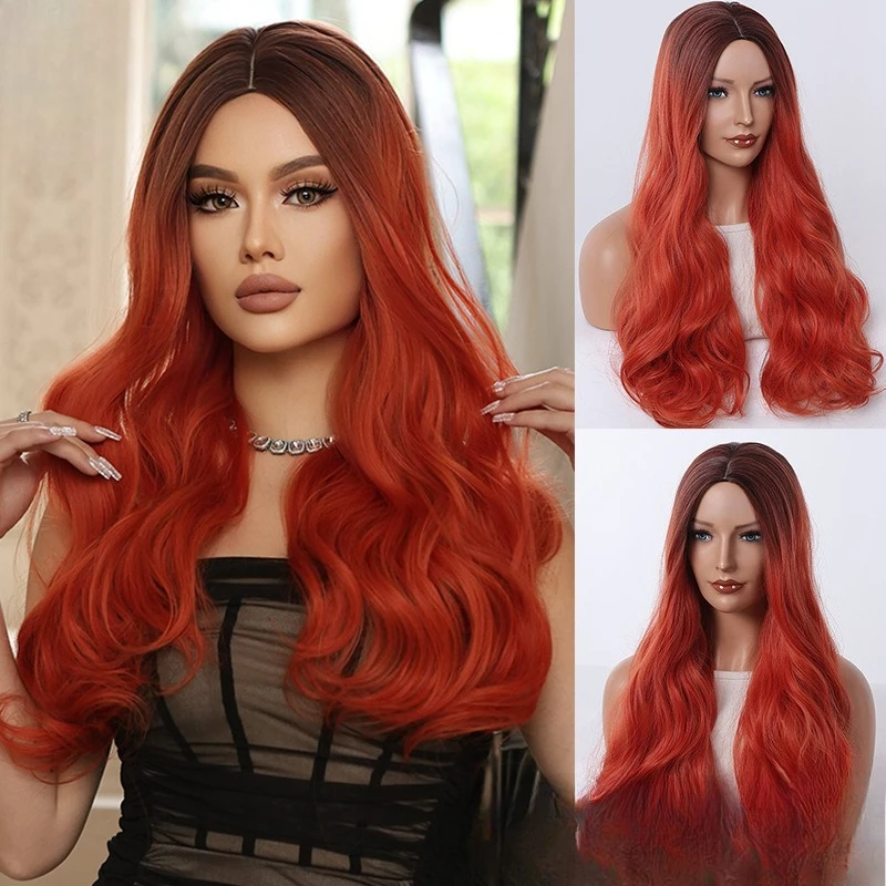 

Burgundy big wavy long curly hair wig European and American women long curly hair chemical fiber high temperature silk