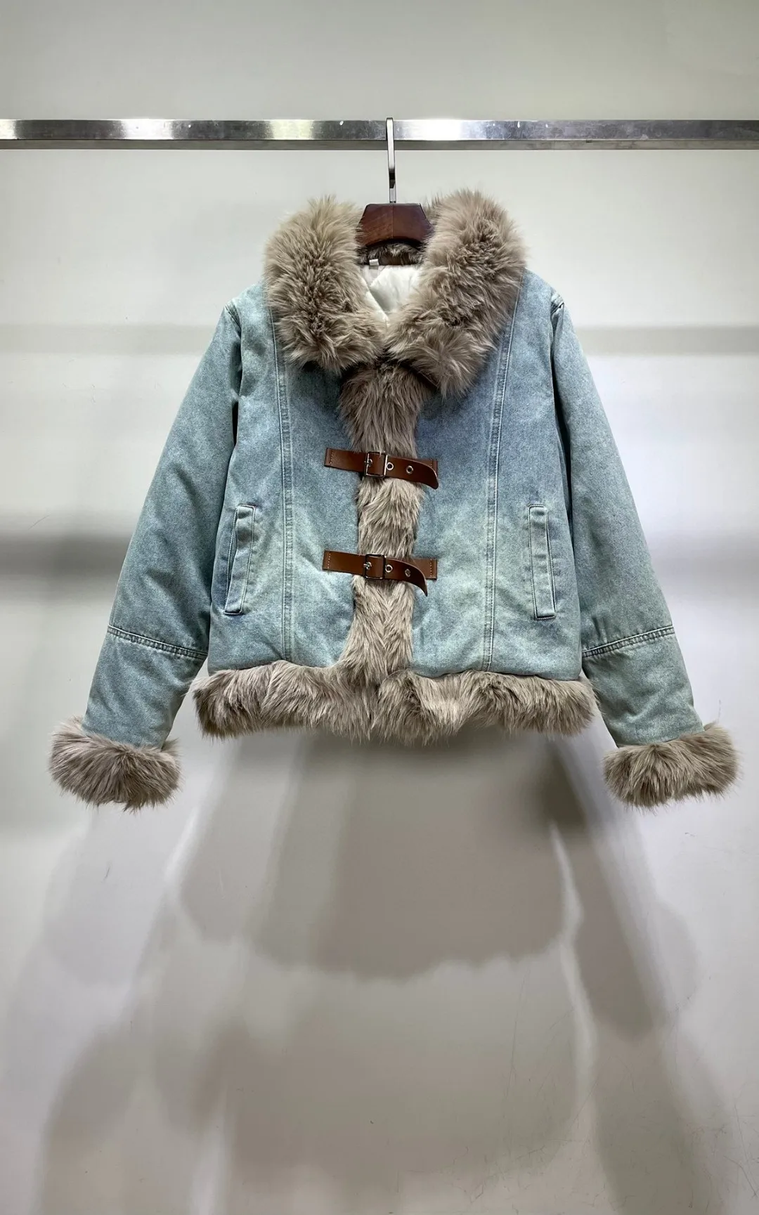 Rex rabbit wool spliced denim jacket with cotton clip