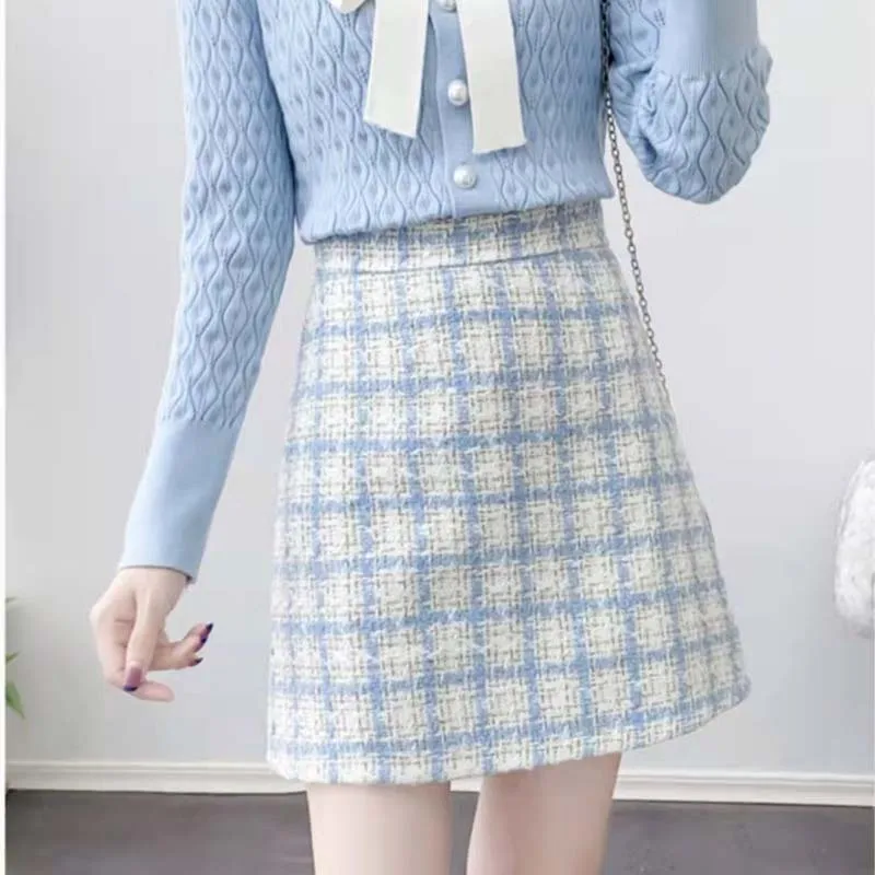 Women's plaid tweed half skirt  new high waisted slim and fragrant A-line skirt