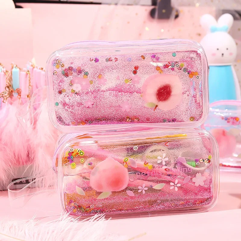 1 pz Kawaii Quicksand Peach Pencil Case borsa ad alta capacità custodia Glitter trasparente per ragazze Pen Box