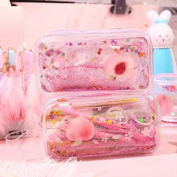 1 pz Kawaii Quicksand Peach Pencil Case borsa ad alta capacità custodia Glitter trasparente per ragazze Pen Box