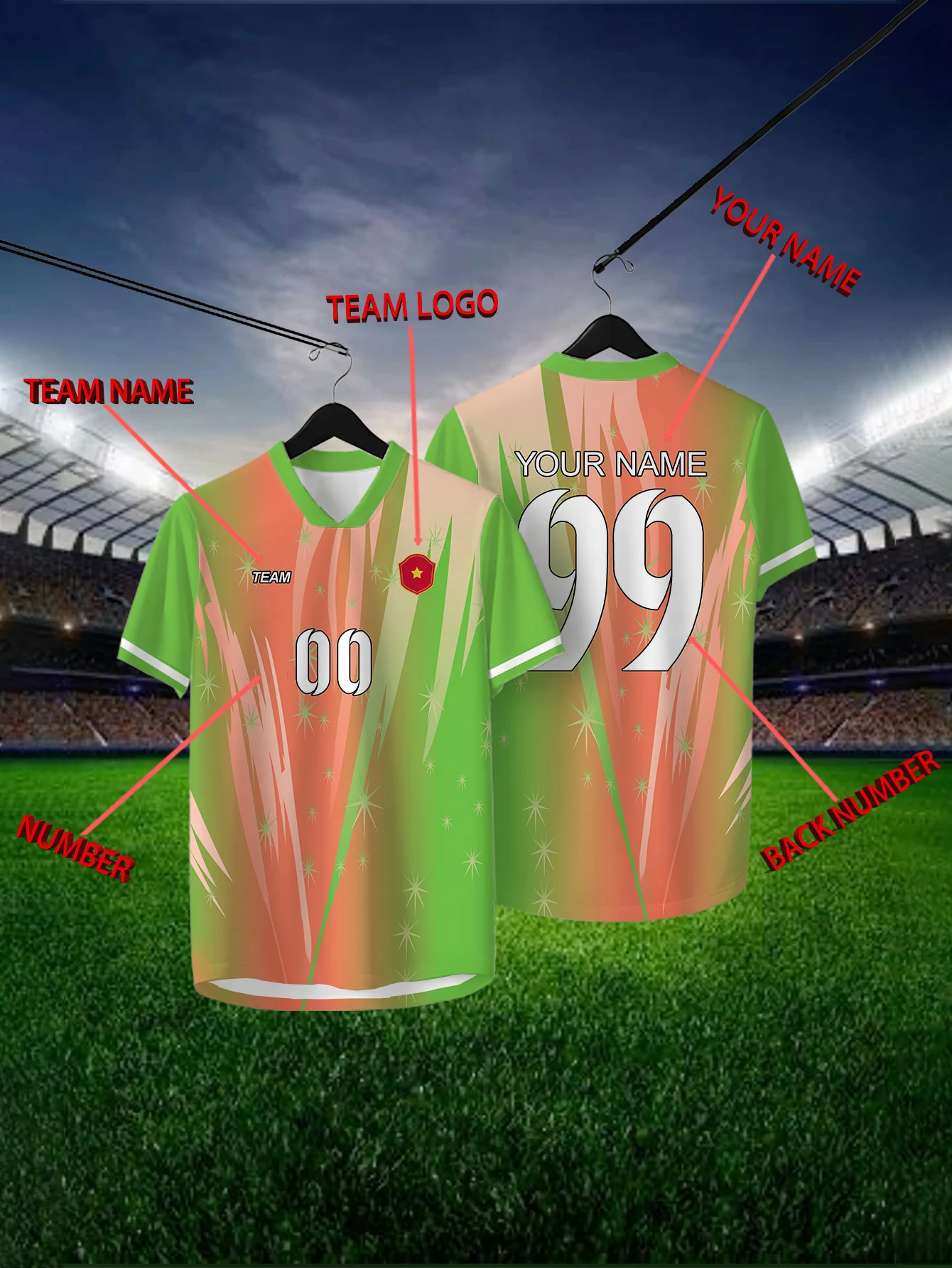 

Customized Geometric Green Short Sleeved Shirt with Team Name, Emblem, Name and Number, Outdoor Sports Short Sleeved T-shirt
