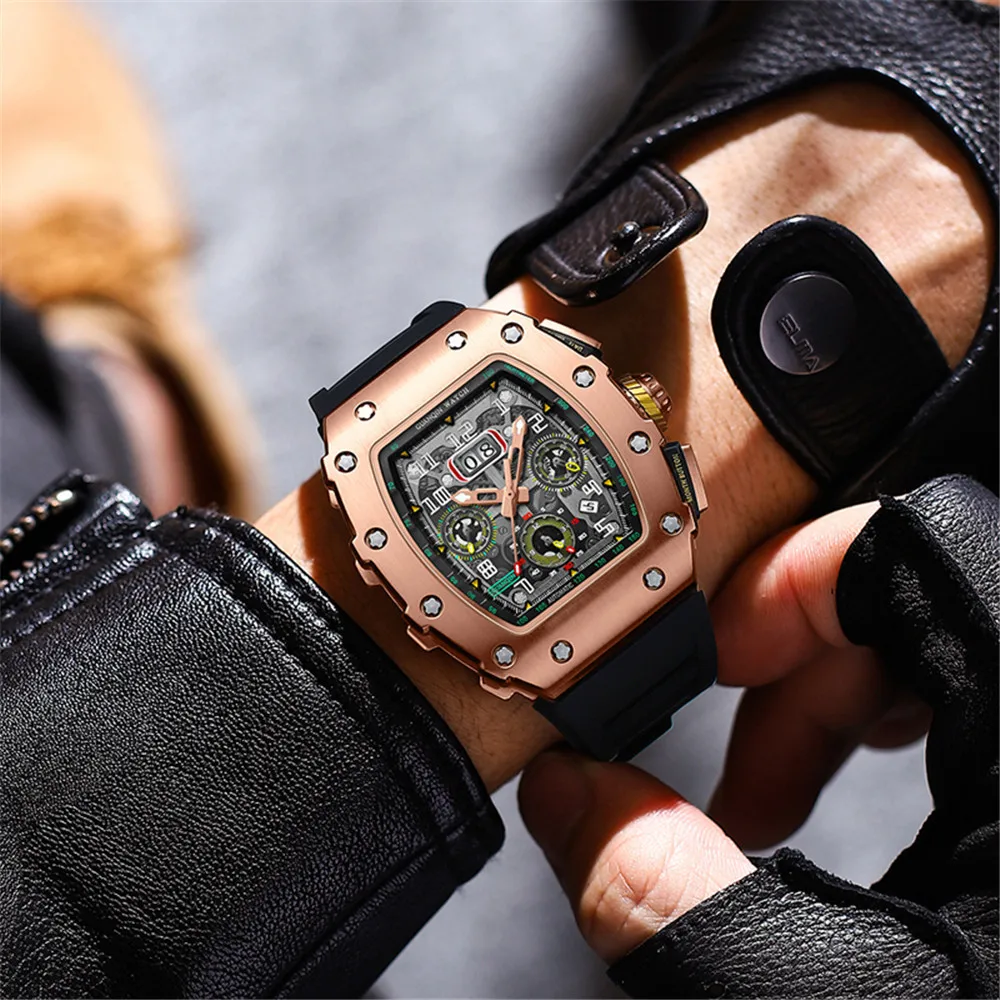 GUANQIN Luxury Automatic Self-Wind Mechanical Sport Wrist Watch Men Sapphire Glass Chronograph Luminous Clock Man Rose Black