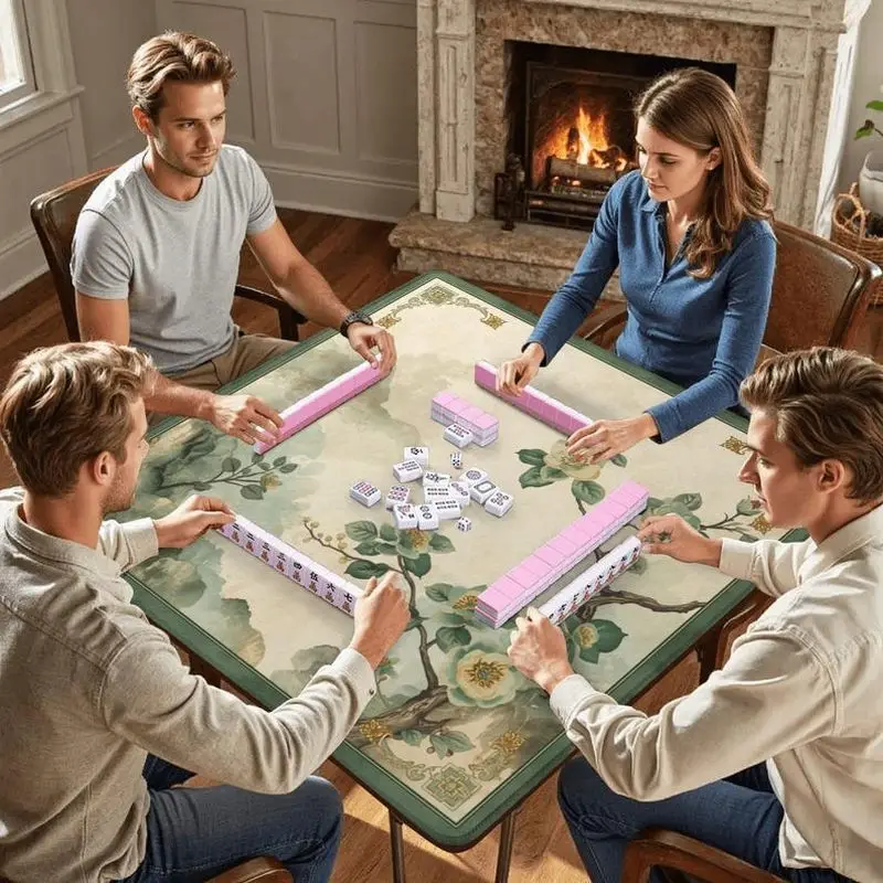 Ink Wash Camellia Chinese Style Mahjong Mat Non Slip Noise Reduction Washable Multi-use Square Pad For Mahjong Card Dice Game