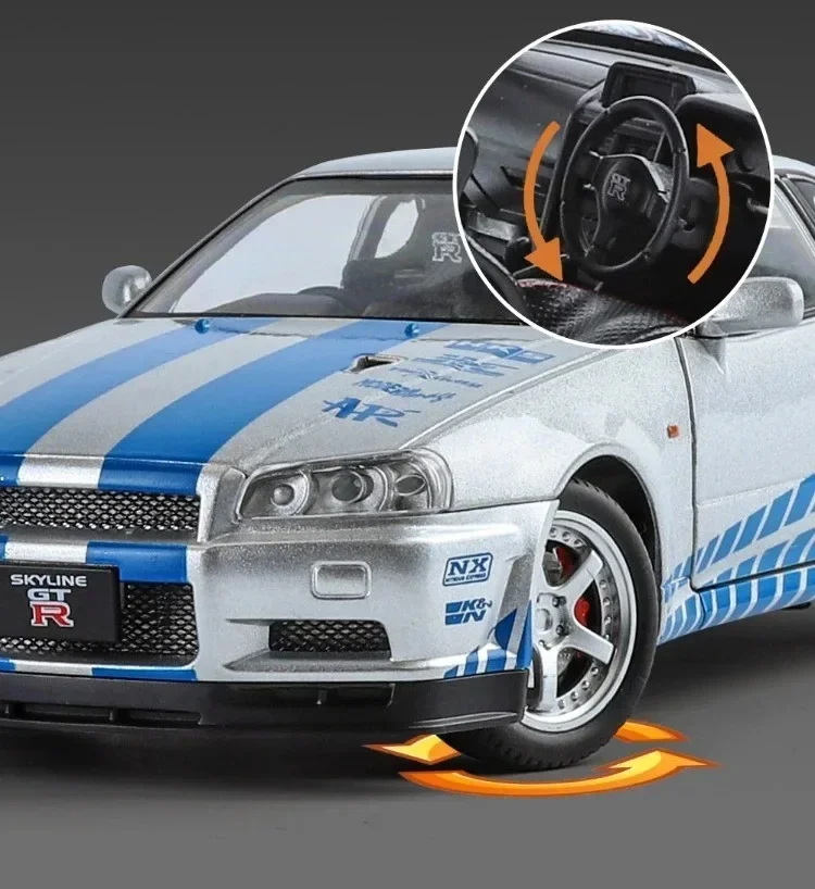 1:24  Nissan Skyline GTR-R34 Alloy Vehicle Model Diecast Metal Fast＆Furious Collectible Childrens Birthday Toy Gifts Scale Car