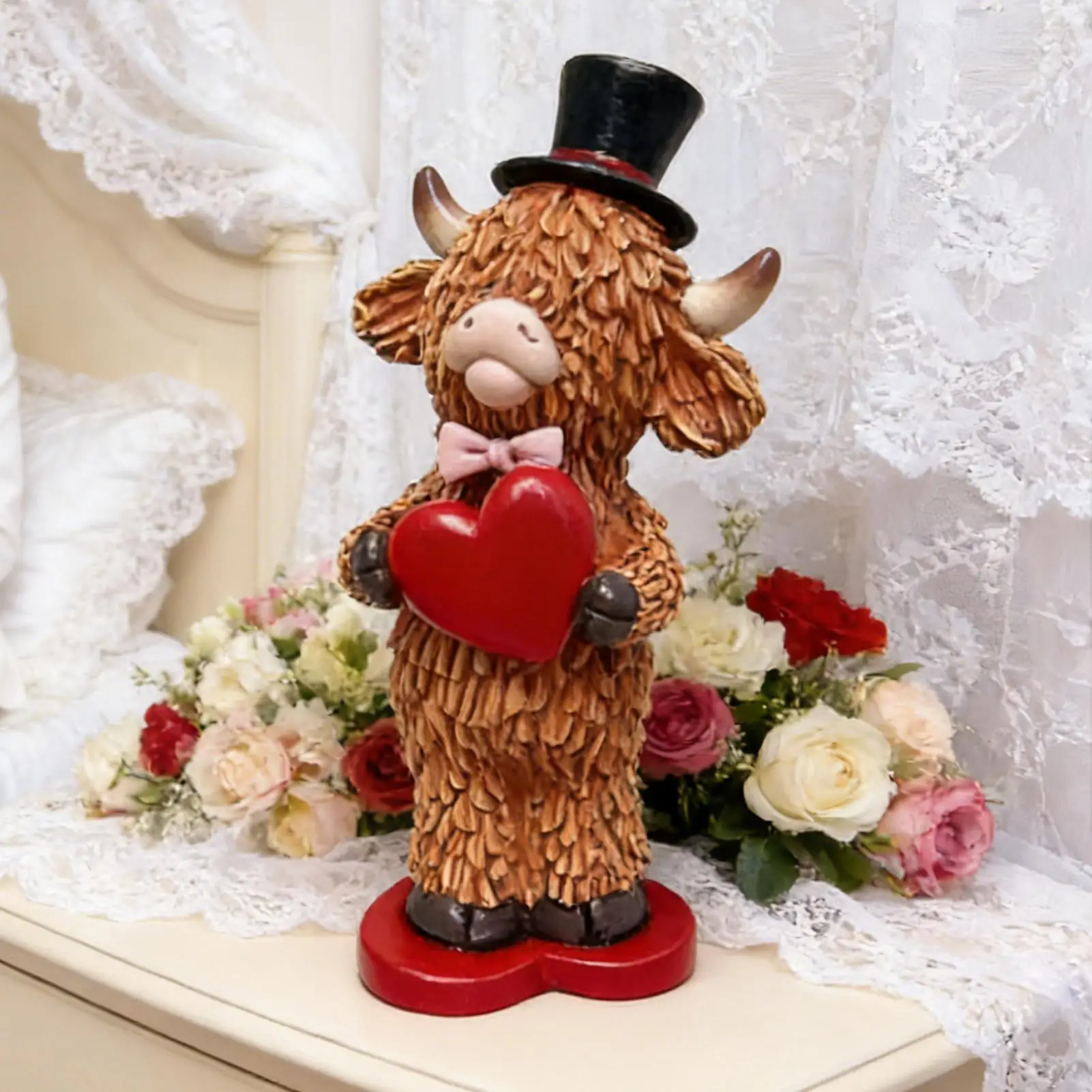 

Корова Декор Валентина Смола Декоративные Статуэтки Хайленд Корова Гномы Статуи Пара С Сердцем Цветочный Букет Романтические Украшения