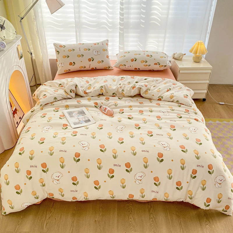 Kids Cartoon Duvet Cover Set 3pcs with Tulip and Dog Pattern, Microfiber Reversible Comforter Cover Queen Botanical Bedding Set