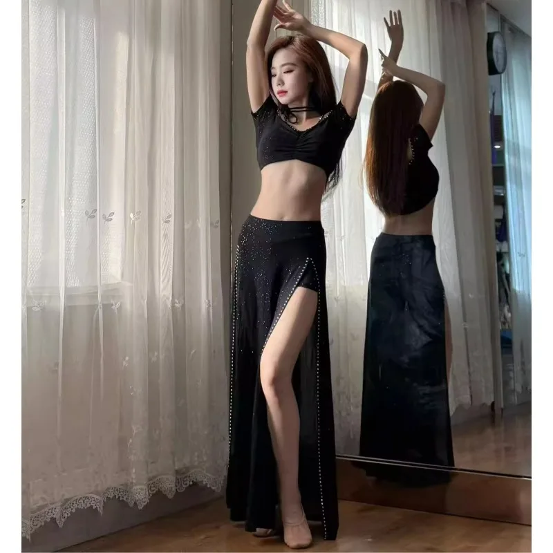 customized belly dance suit mesh performance outfit practice dress group Competition uniform women's double slit skirt top 2pcs