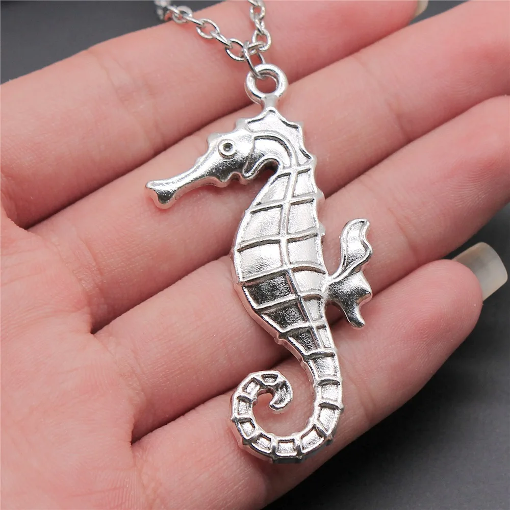 Antique Silver Color 59x31mm Big Hippocampus Pendant Necklace For Women Men Long Chain Necklace