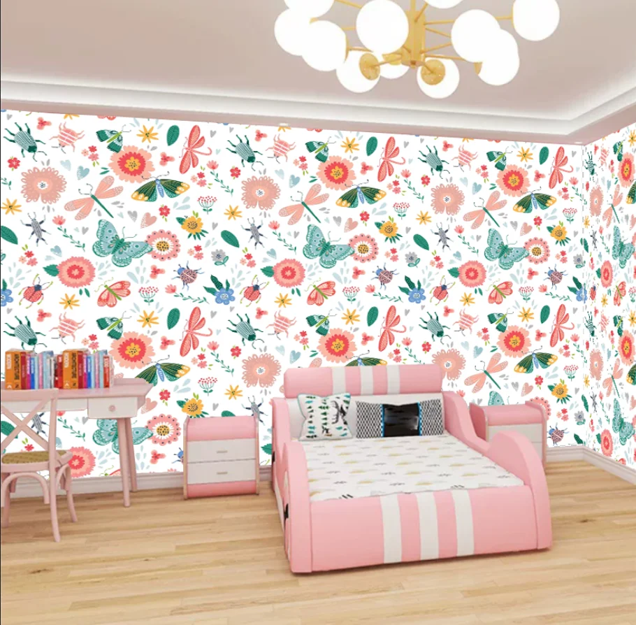 

Мультяшные обои с кроликом, розовым радужным цветочным узором для гостиной и детской спальни, современный минималистичный дизайн