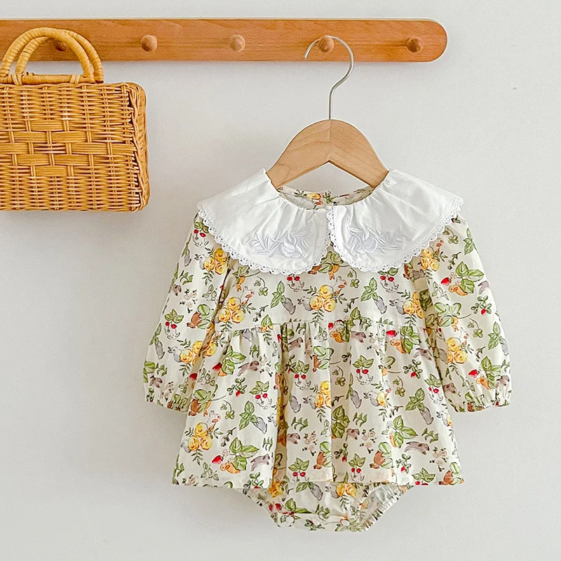 Autumn Girls Romper 0-24M Children Clothes Climbing Suit Long Sleeved Cotton Flower Print Toddler Baby Girl Romper Korean Style image 4