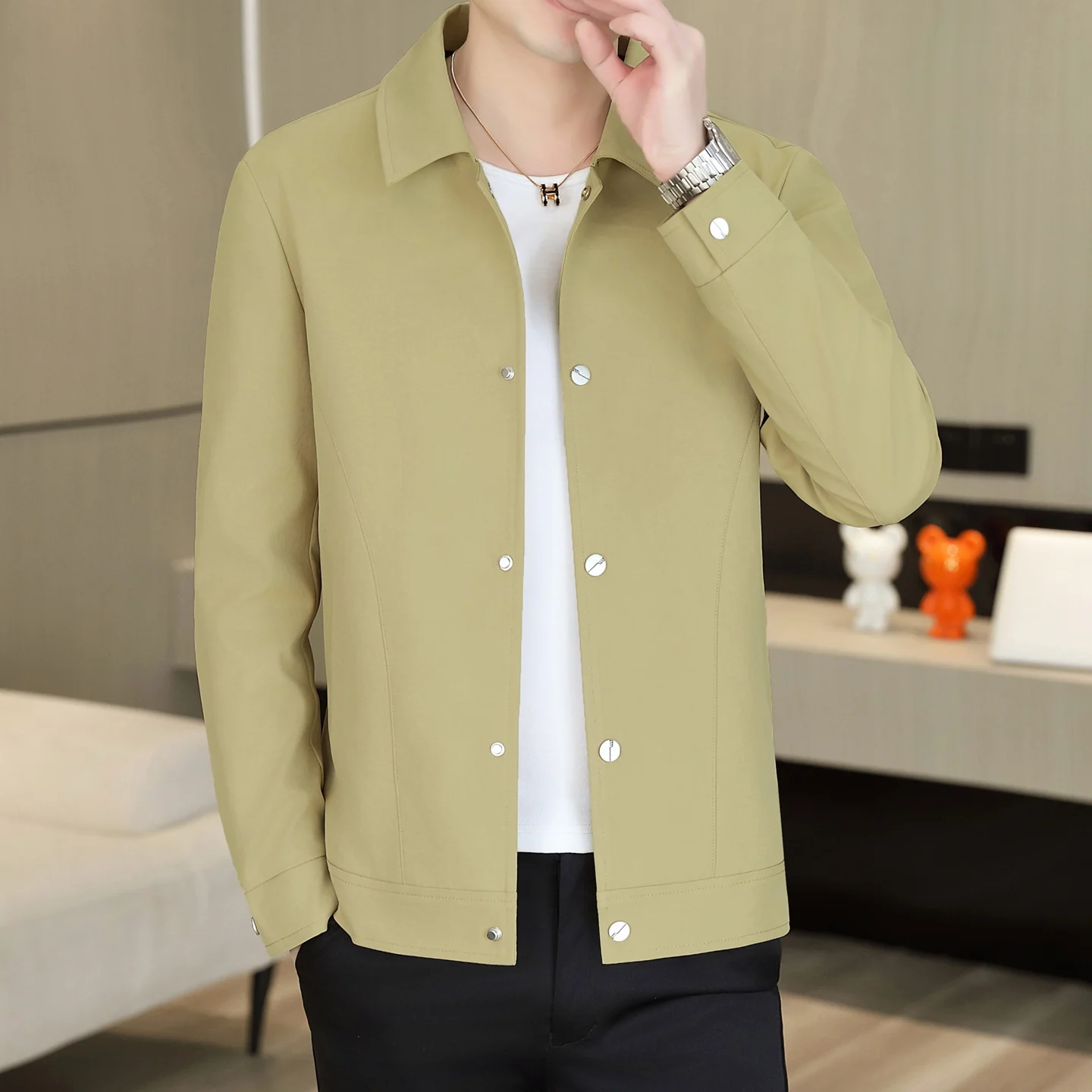 

Мужская приталенная куртка на весну-осень, модная верхняя одежда с воротником, молодежная, высококачественная, из полиэфирного волокна, с длинными рукавами, на пуговицах