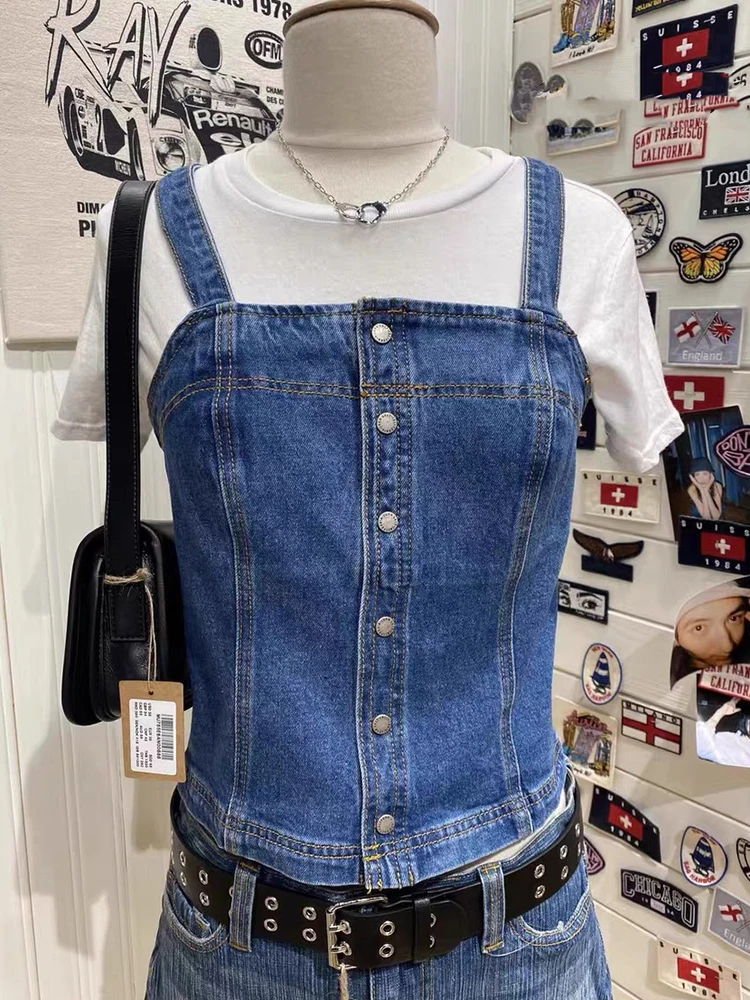 

Vintage Blue Denim Camisole Summer Cotton Sleeveless Single-Breasted Slim Crop Top Women Y2k Streetwear Corset Tank Tops Chic