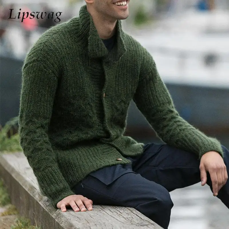 

Vintage Button-up Stand Collar Knit Cardigans Men Fall Winter Daily Casual Solid Color Sweater Jackets Mens Stylish Sweatercoats